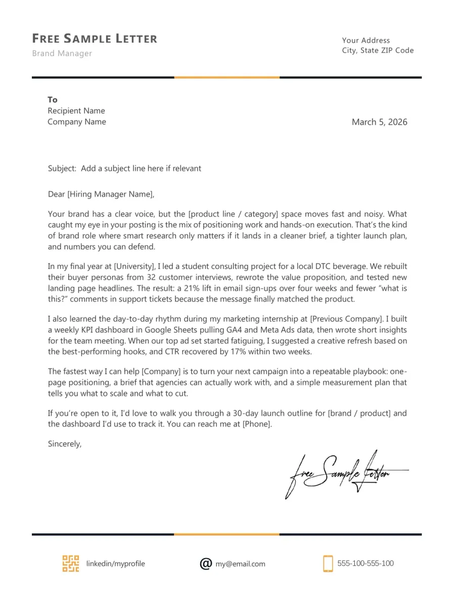 Brand Manager Cover Letter Template Preview Before Download (Word/PDF)
