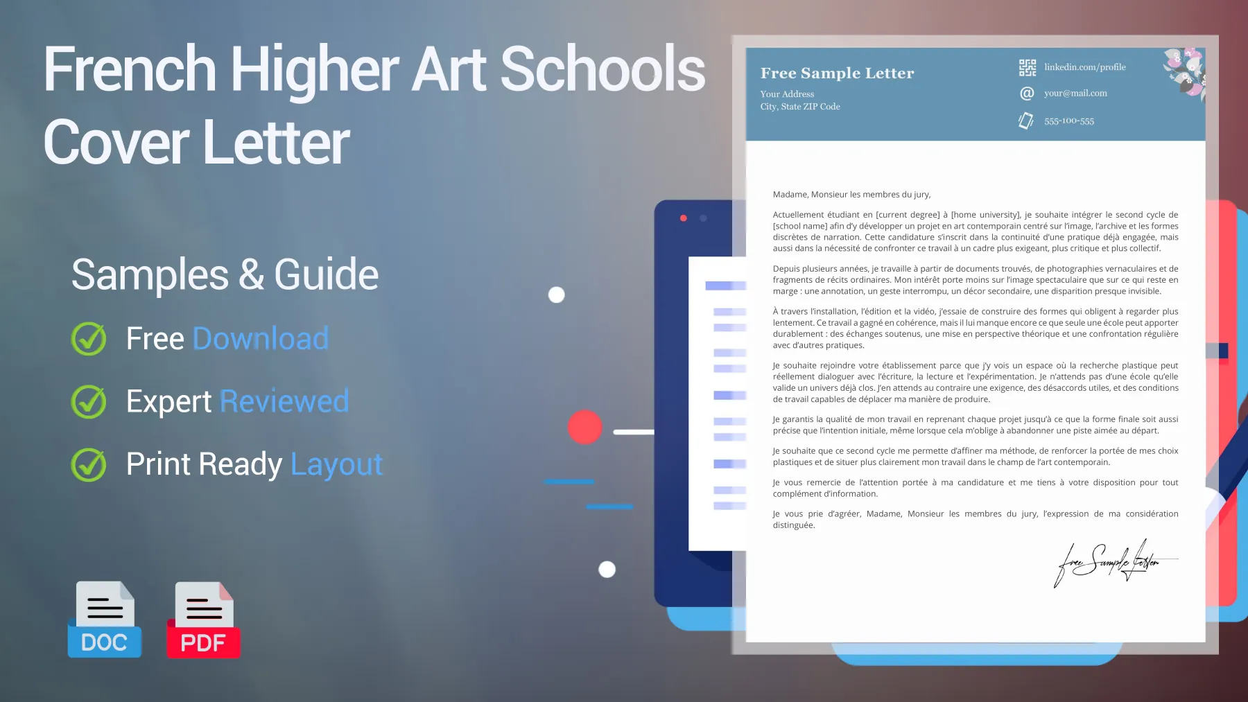 Example of a Les Beaux-Arts cover letter for an arts school position in France