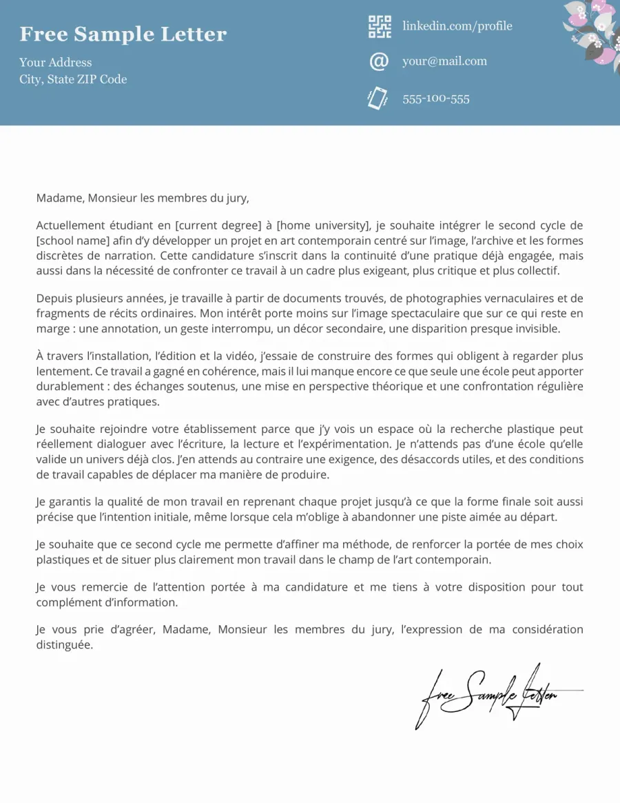 I would trust this sample more than most design letters. The applicant shows visual direction, project logic, and a real reason for choosing the school.