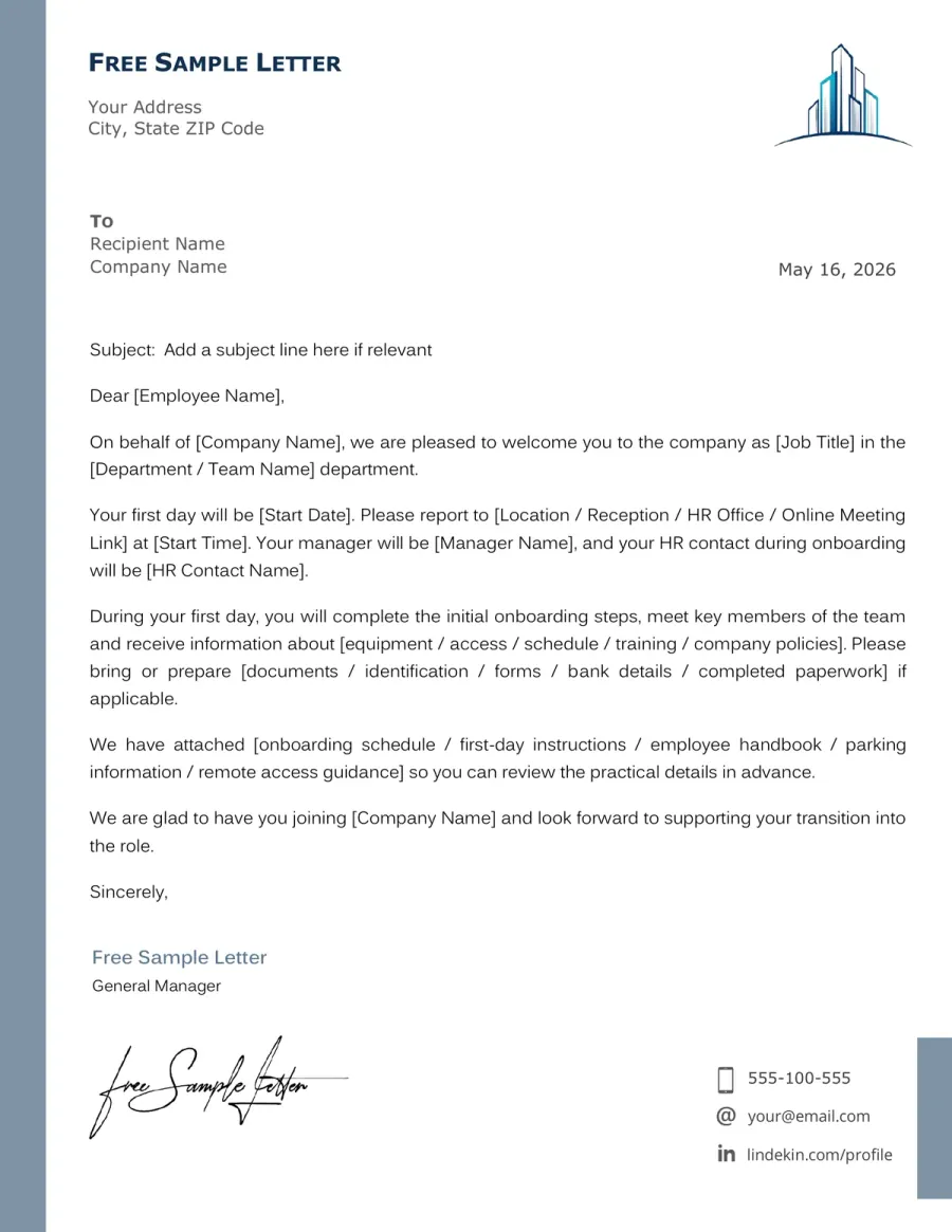 Preview of the Free New Employee Welcome Email Template