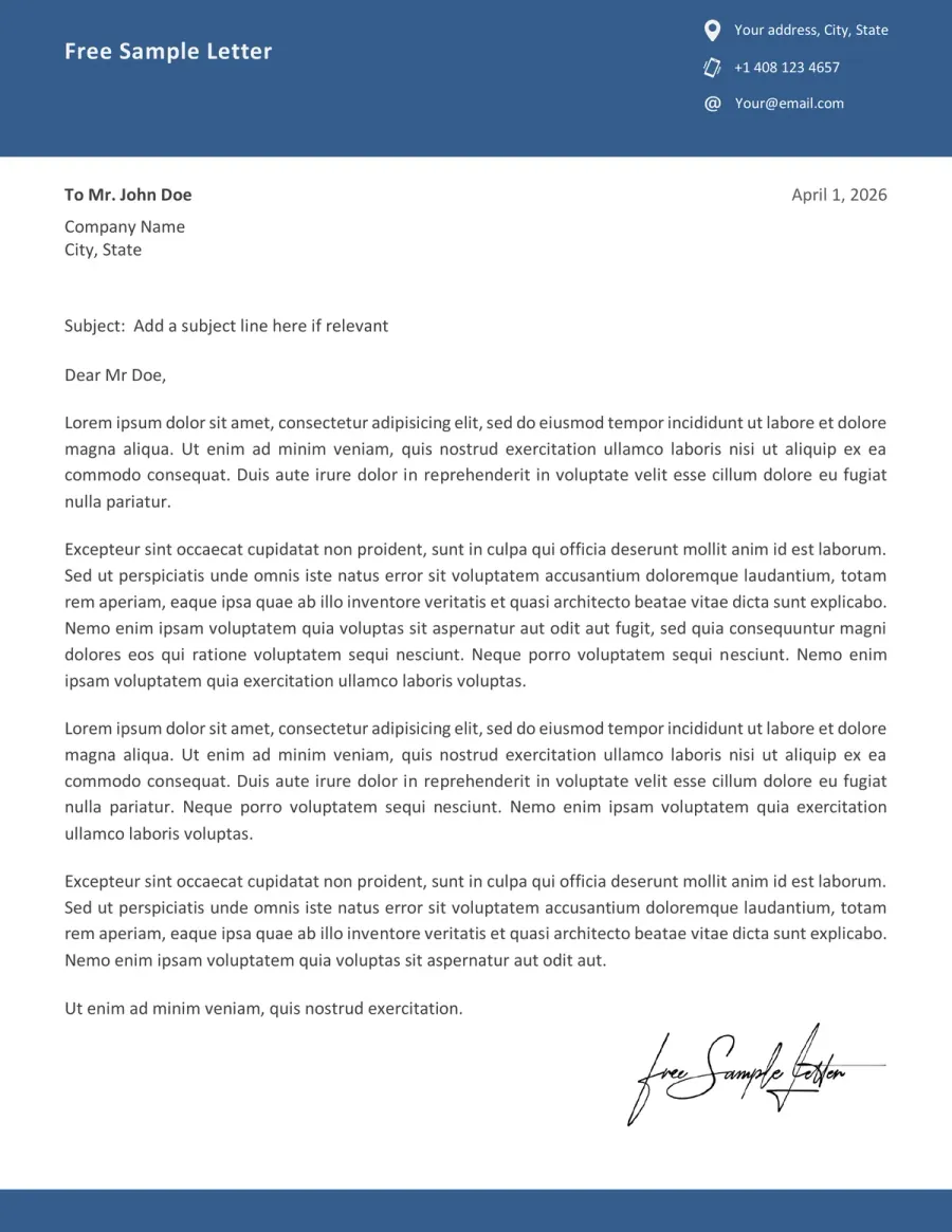 Preview of a modern blue Word letterhead template for multipurpose correspondence