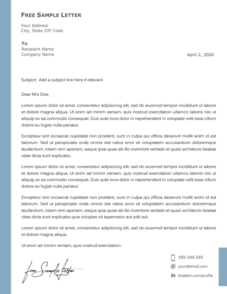 Preview of a soft blue Word letter template with a side accent and contact corner