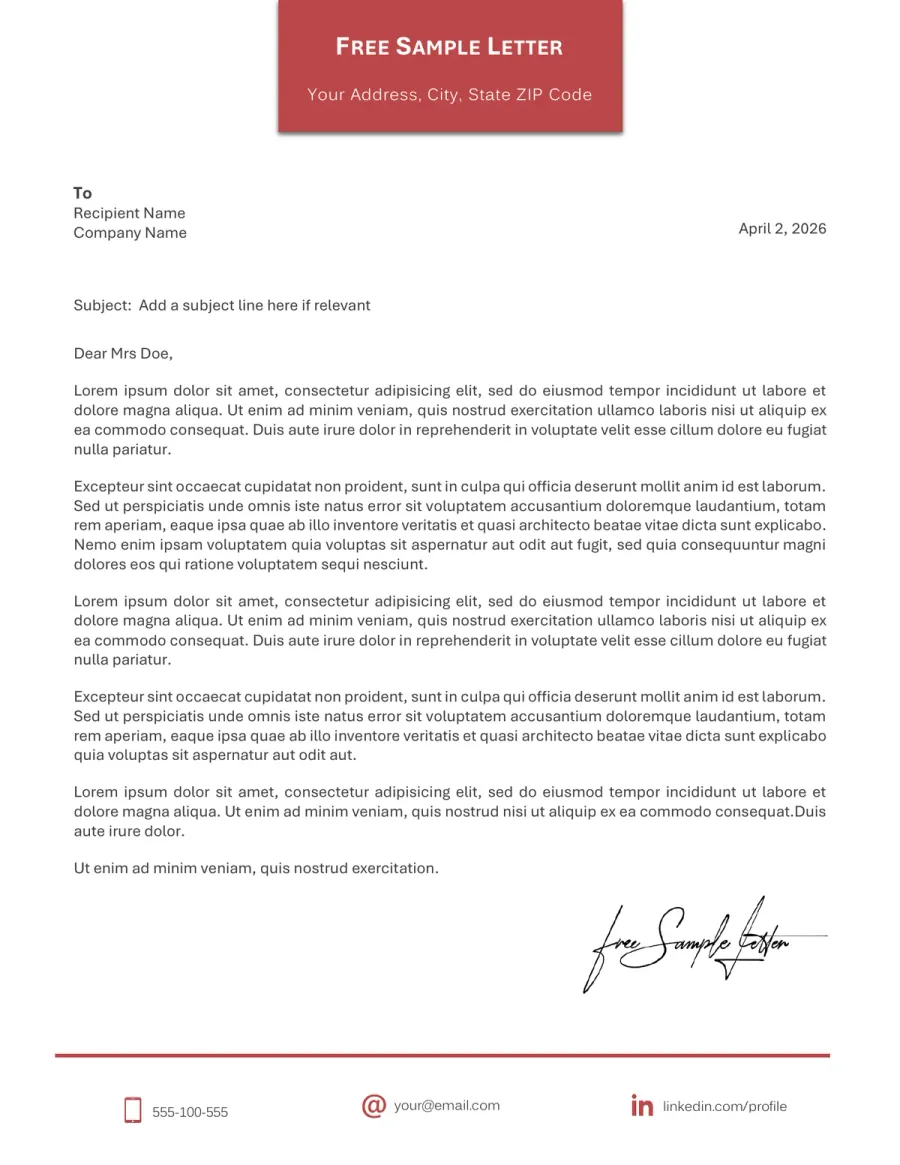 Preview of a red Word letter template with a centered header box and footer contact line