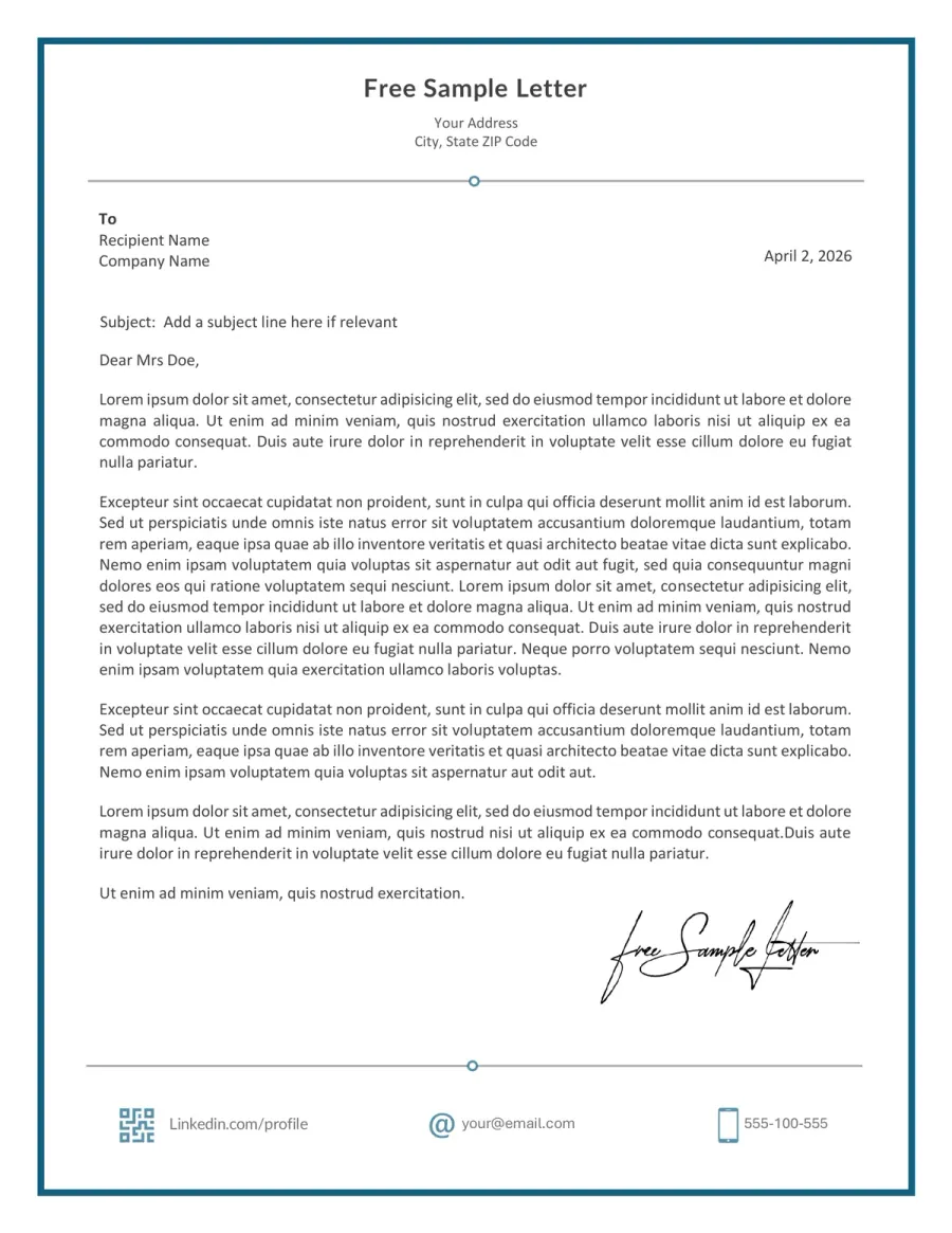 Preview of a blue Word letter template with a framed border and centered dividers