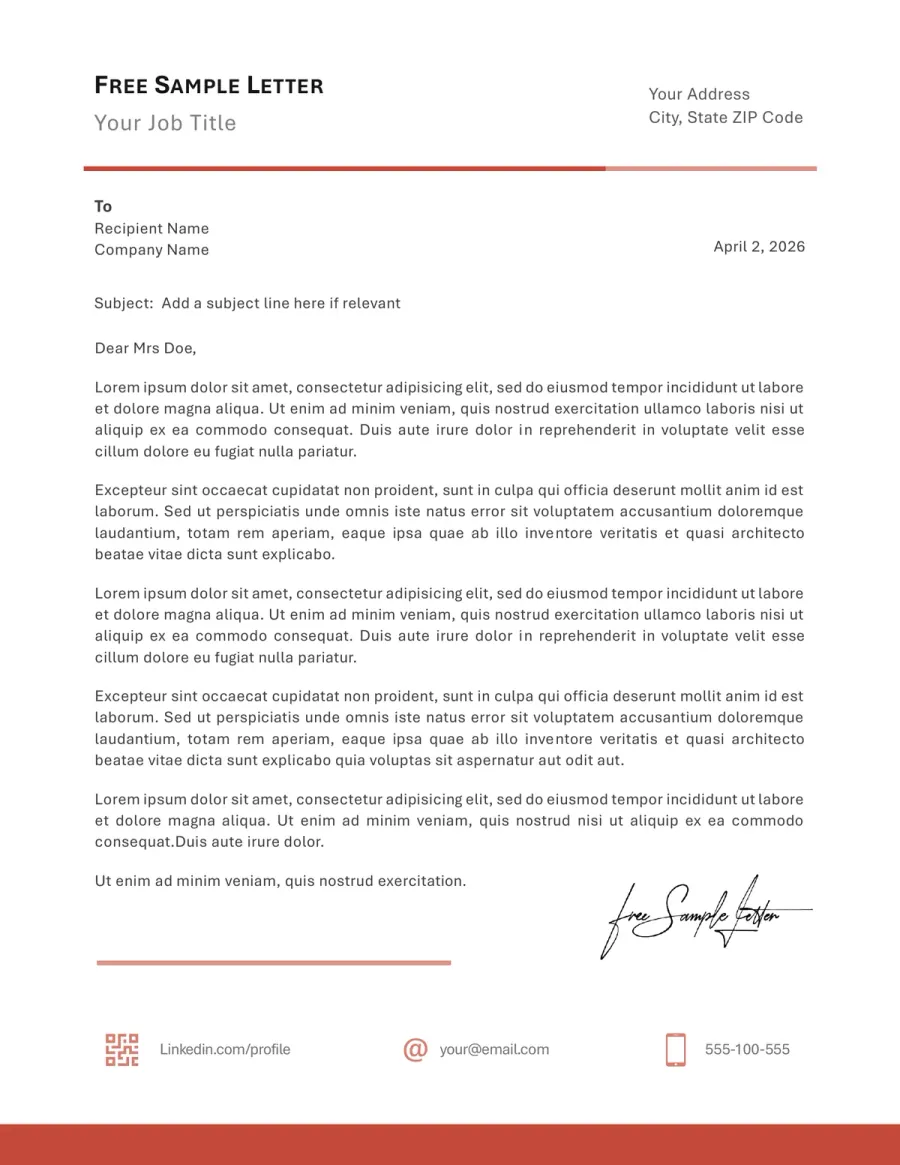 Preview of a Word cover letter layout for a job application with coral accent lines