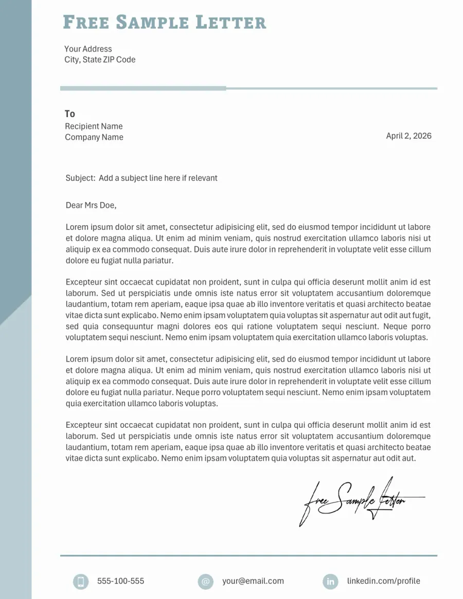 Preview of a Word letter template for formal correspondence and client communication with a soft blue sidebar and footer icons