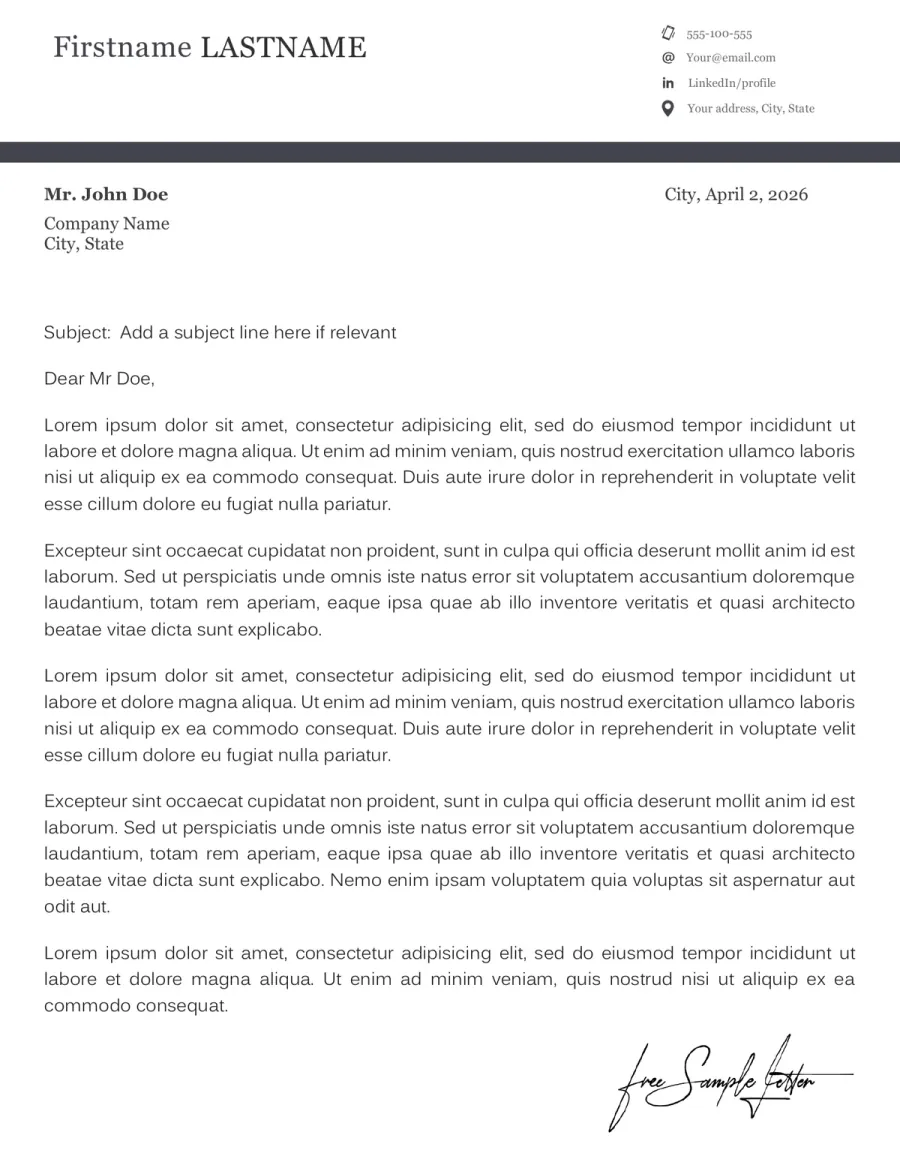 Preview of a classic administrative Word letter template for company documents with a nameplate header and dark divider bar