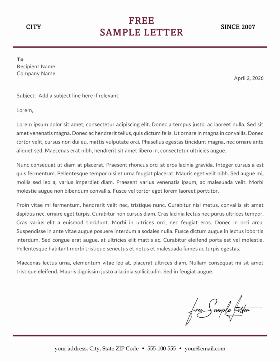 Preview of a professional corporate Word company letterhead with a centered header
