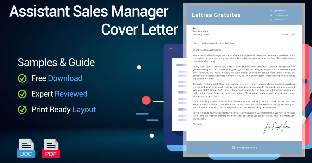 Assistant Sales Manager Cover Letter - Free Samples