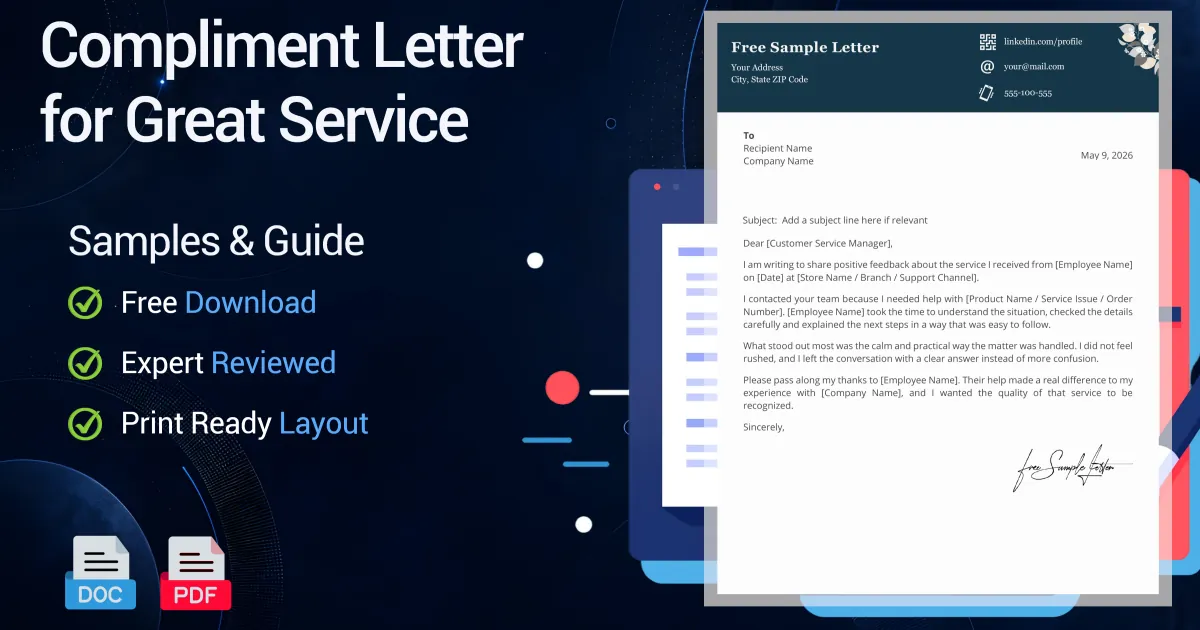Compliment Letter for Great Service - Free Samples